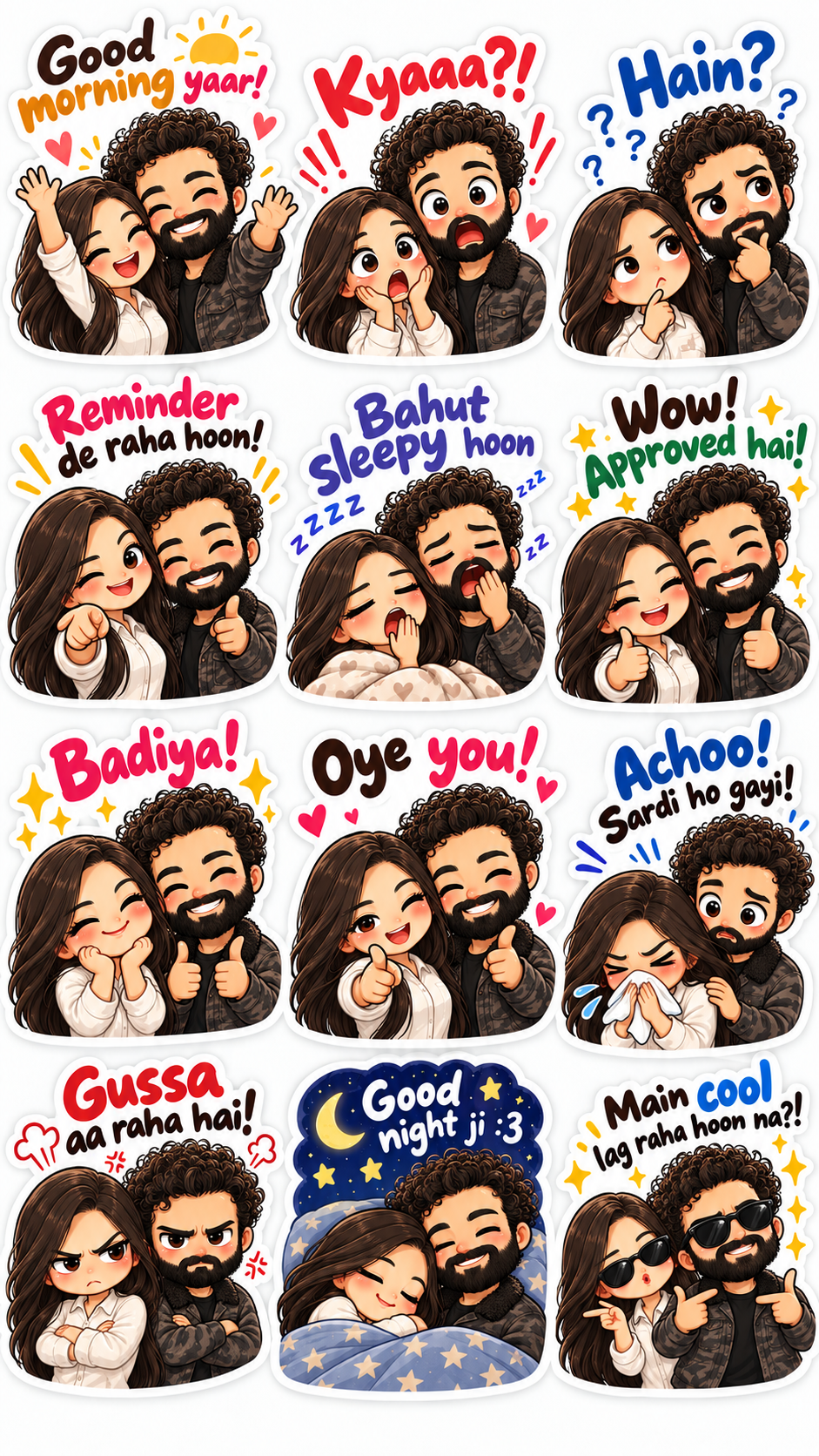 The same sticker sheet with Hinglish captions: Good morning yaar!, Kyaaa?!, Hain?, Reminder de raha hoon!, Bahut sleepy hoon, Wow! Approved hai!, Badiya!, Oye you!, Achoo! Sardi ho gayi!, Gussa aa raha hai!, Good night ji :3, Main cool lag raha hoon na?!